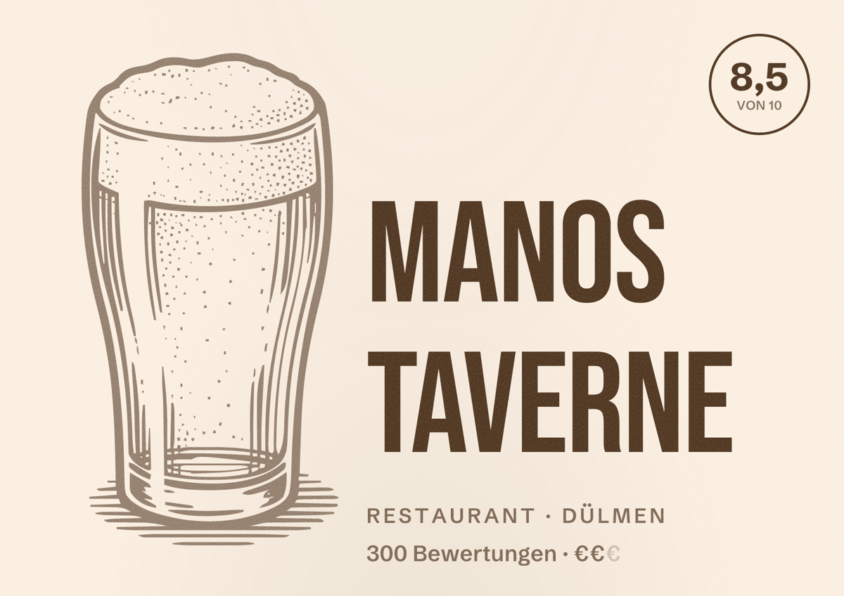 Illustriertes Poster von Manos Taverne, Restaurant in Dülmen: Bewertung 8,5 von 10 aus 300 Bewertungen, Preisniveau €€