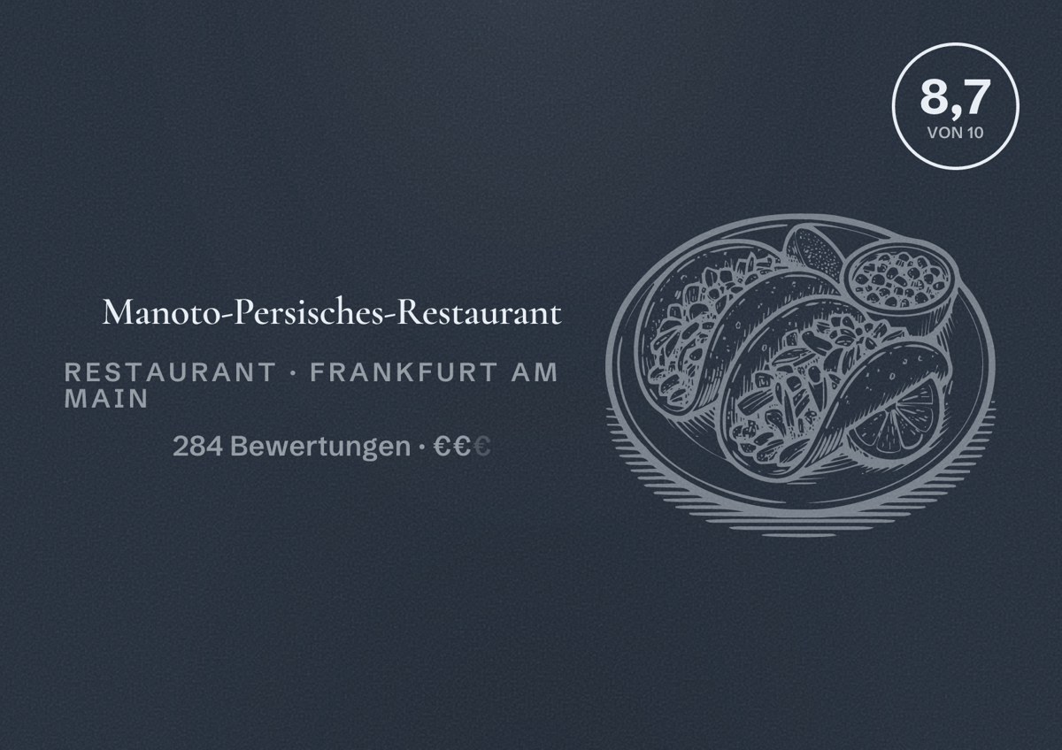 Illustriertes Poster von Manoto-Persisches-Restaurant, Restaurant in Frankfurt am Main: Bewertung 8,7 von 10 aus 284 Bewertungen, Preisniveau €€