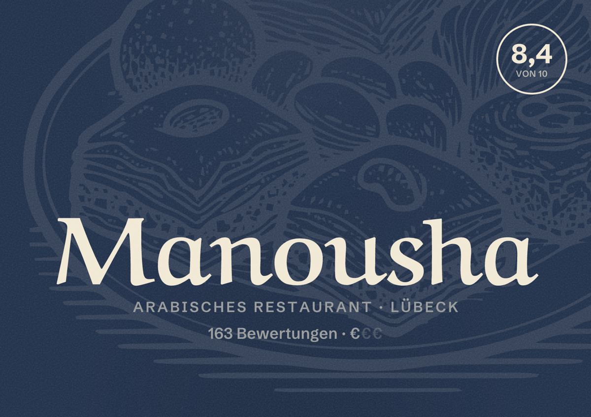 Illustriertes Poster von Manousha, Arabisches Restaurant in Lübeck: Bewertung 8,4 von 10 aus 163 Bewertungen, Preisniveau €