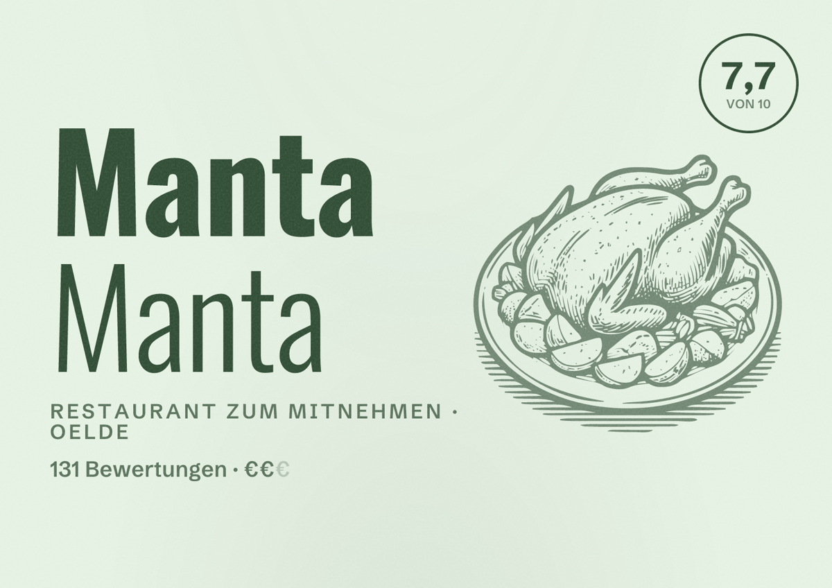 Illustriertes Poster von Manta Manta, Restaurant zum Mitnehmen in Oelde: Bewertung 7,7 von 10 aus 131 Bewertungen, Preisniveau €€
