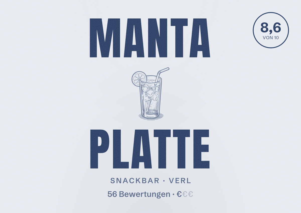 Illustriertes Poster von Manta Platte, Snackbar in Verl: Bewertung 8,6 von 10 aus 56 Bewertungen, Preisniveau €