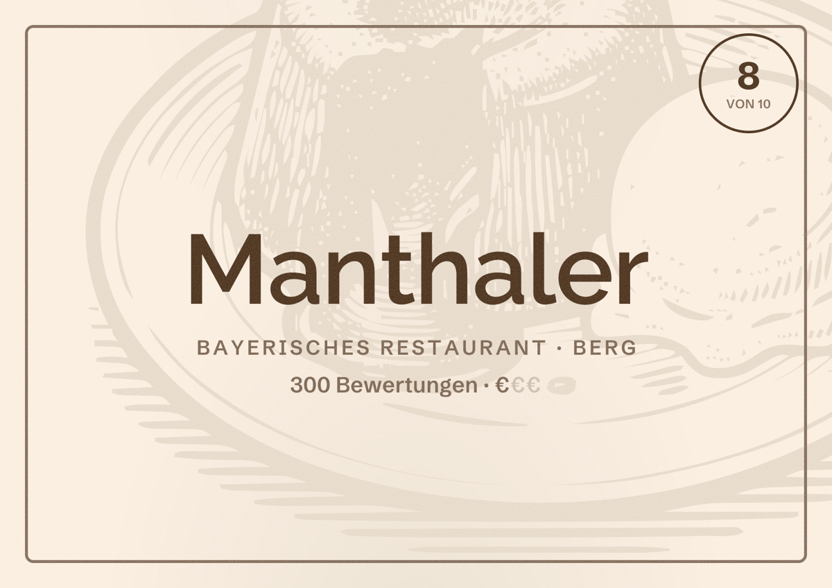 Illustriertes Poster von Manthaler, Bayerisches Restaurant in Berg: Bewertung 8 von 10 aus 300 Bewertungen, Preisniveau €