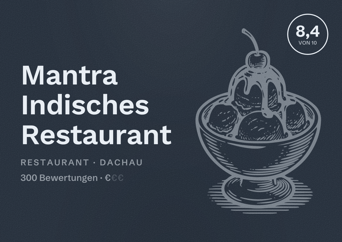 Illustriertes Poster von Mantra Indisches Restaurant, Restaurant in Dachau: Bewertung 8,4 von 10 aus 300 Bewertungen, Preisniveau €
