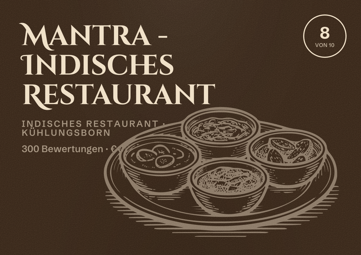 Illustriertes Poster von Mantra - Indisches Restaurant, Indisches Restaurant in Kühlungsborn: Bewertung 8 von 10 aus 300 Bewertungen, Preisniveau €€
