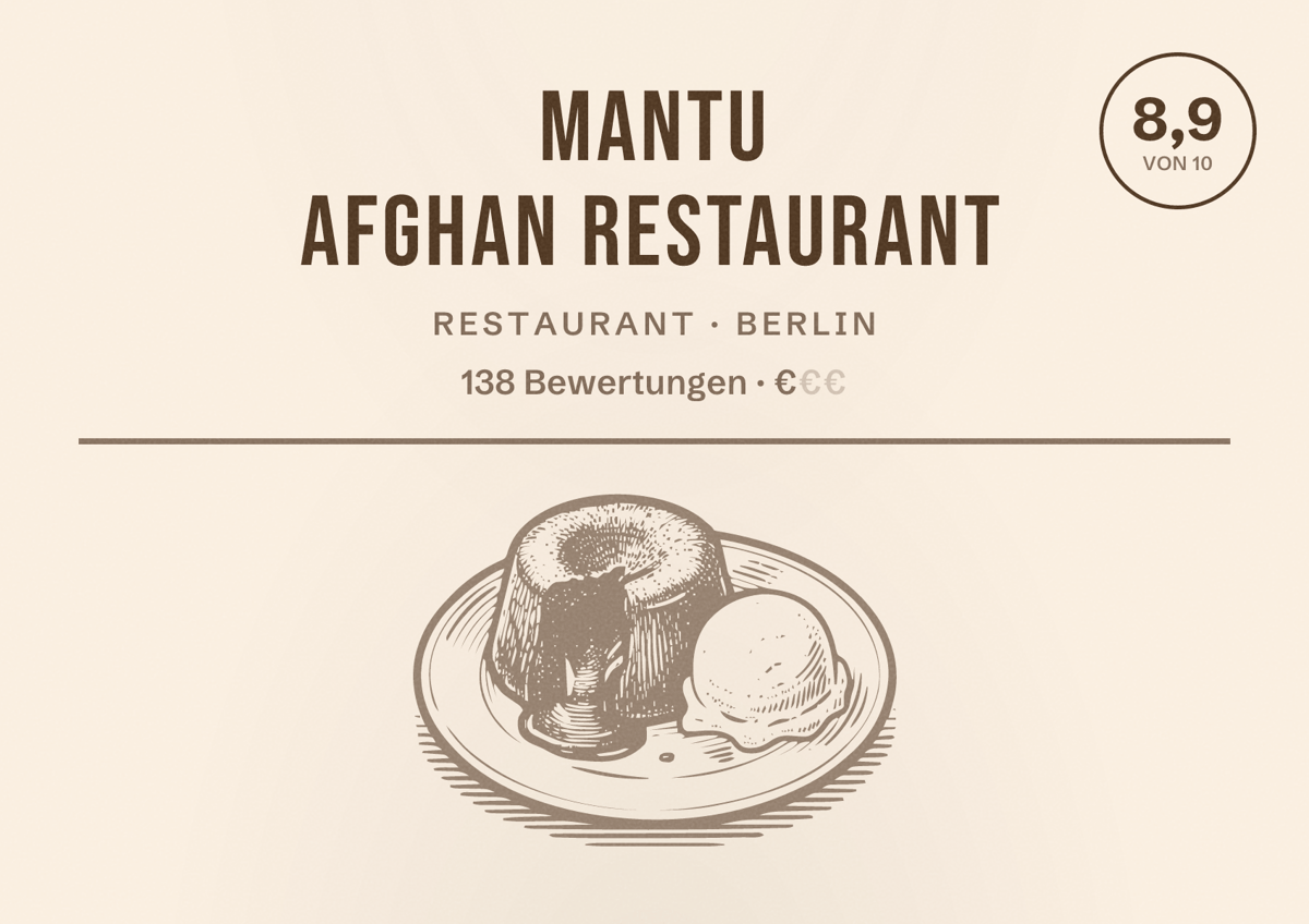 Illustriertes Poster von ManTu Afghan Restaurant, Restaurant in Berlin: Bewertung 8,9 von 10 aus 138 Bewertungen, Preisniveau €