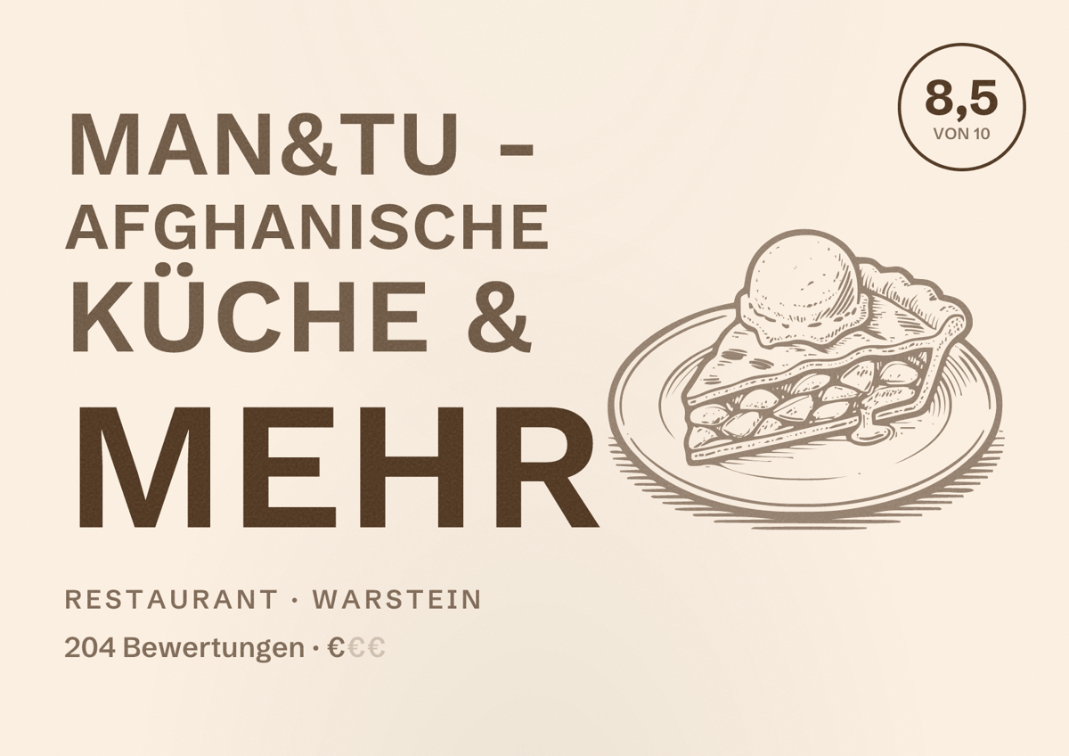 Illustriertes Poster von Man&Tu - Afghanische Küche & mehr, Restaurant in Warstein: Bewertung 8,5 von 10 aus 204 Bewertungen, Preisniveau €