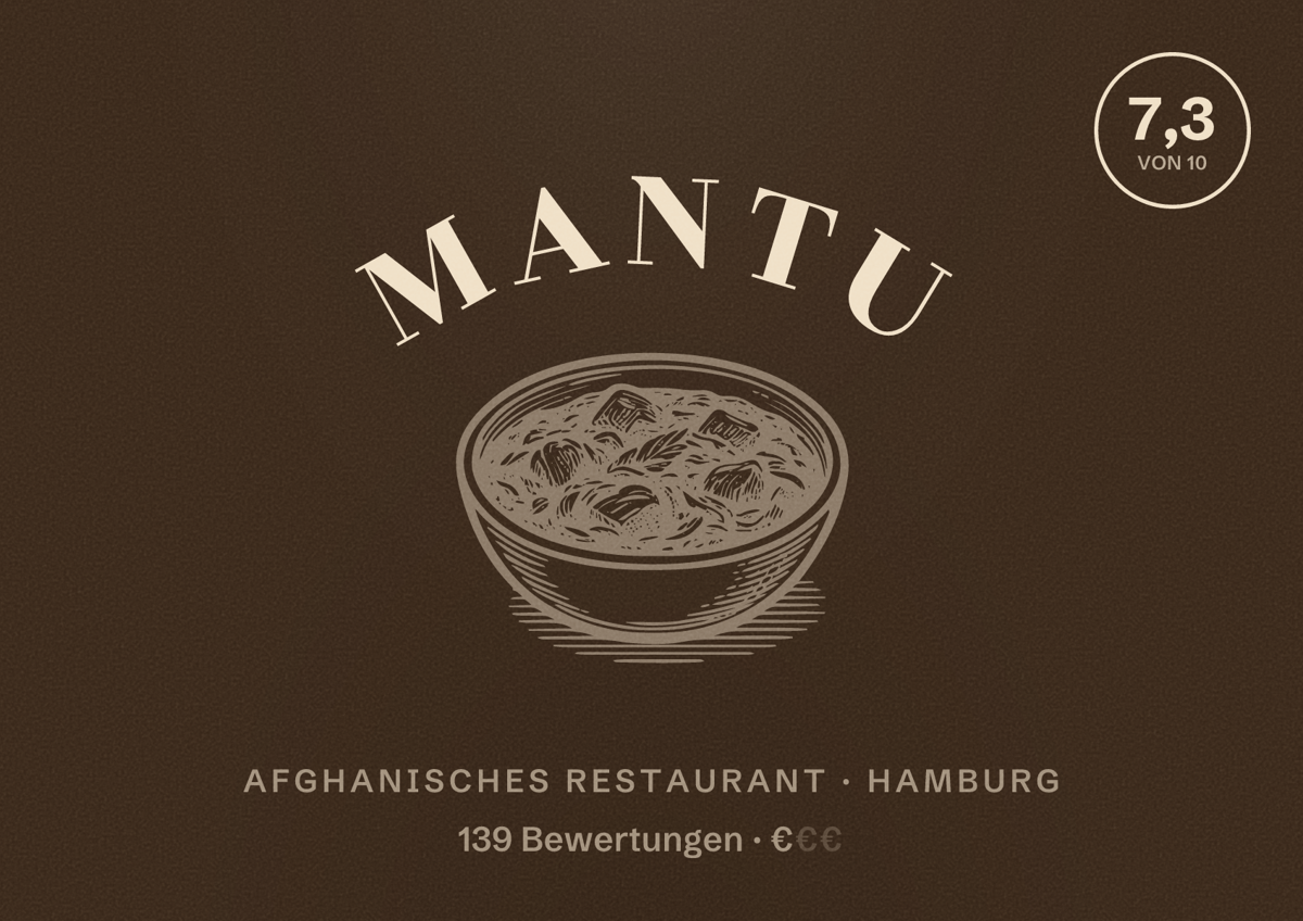 Illustriertes Poster von Mantu, Afghanisches Restaurant in Hamburg: Bewertung 7,3 von 10 aus 139 Bewertungen, Preisniveau €