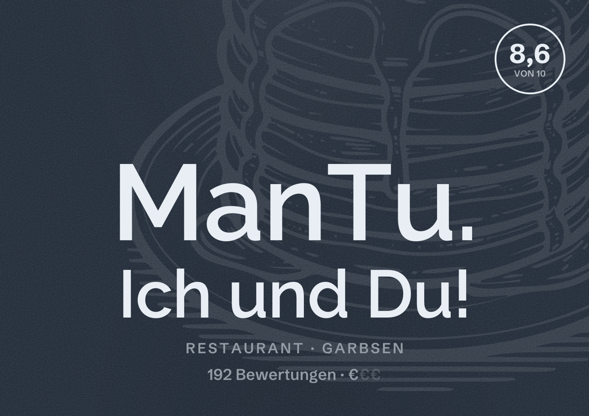 Illustriertes Poster von ManTu. Ich und Du!, Restaurant in Garbsen: Bewertung 8,6 von 10 aus 192 Bewertungen, Preisniveau €
