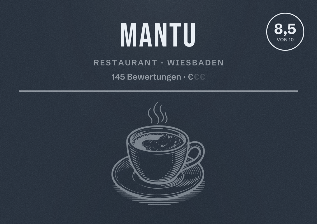 Illustriertes Poster von Mantu, Restaurant in Wiesbaden: Bewertung 8,5 von 10 aus 145 Bewertungen, Preisniveau €