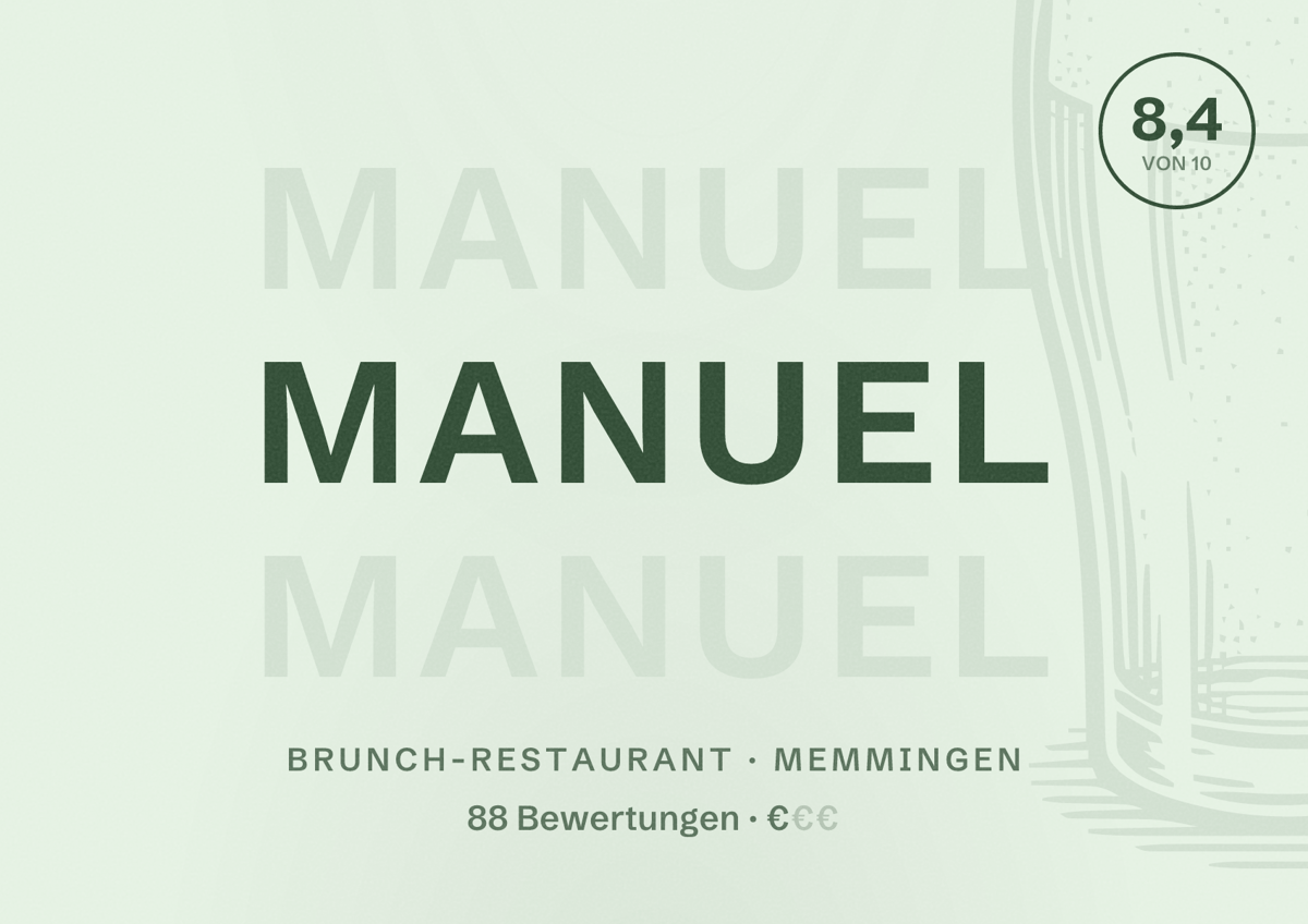 Illustriertes Poster von Manuel, Brunch-Restaurant in Memmingen: Bewertung 8,4 von 10 aus 88 Bewertungen, Preisniveau €