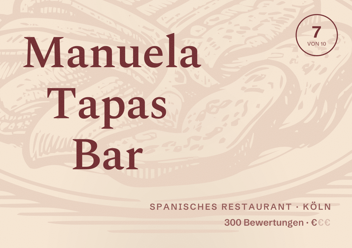 Illustriertes Poster von Manuela Tapas Bar, Spanisches Restaurant in Köln: Bewertung 7,0 von 10 aus 300 Bewertungen, Preisniveau €