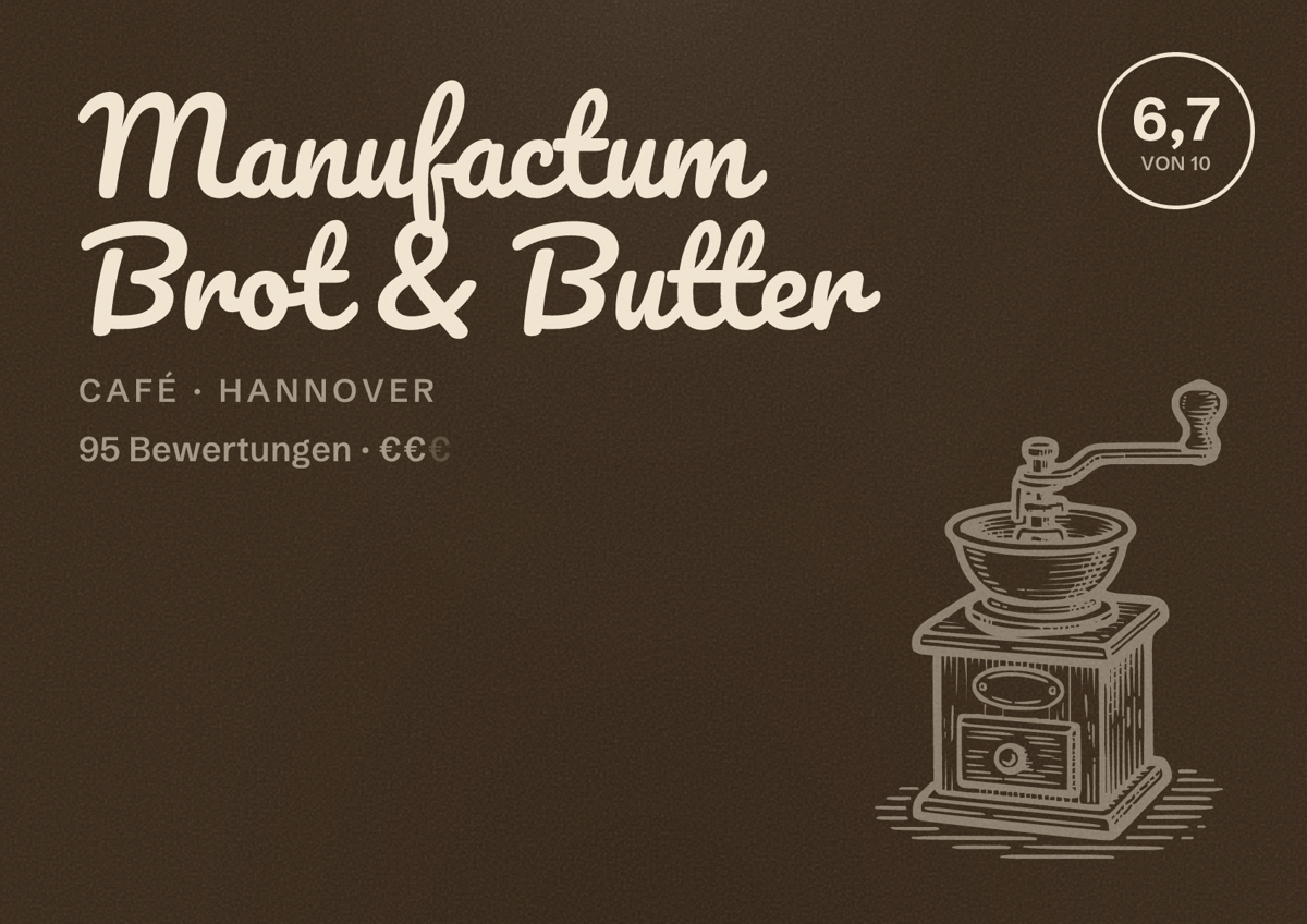 Illustriertes Poster von Manufactum Brot & Butter, Café in Hannover: Bewertung 6,7 von 10 aus 95 Bewertungen, Preisniveau €€