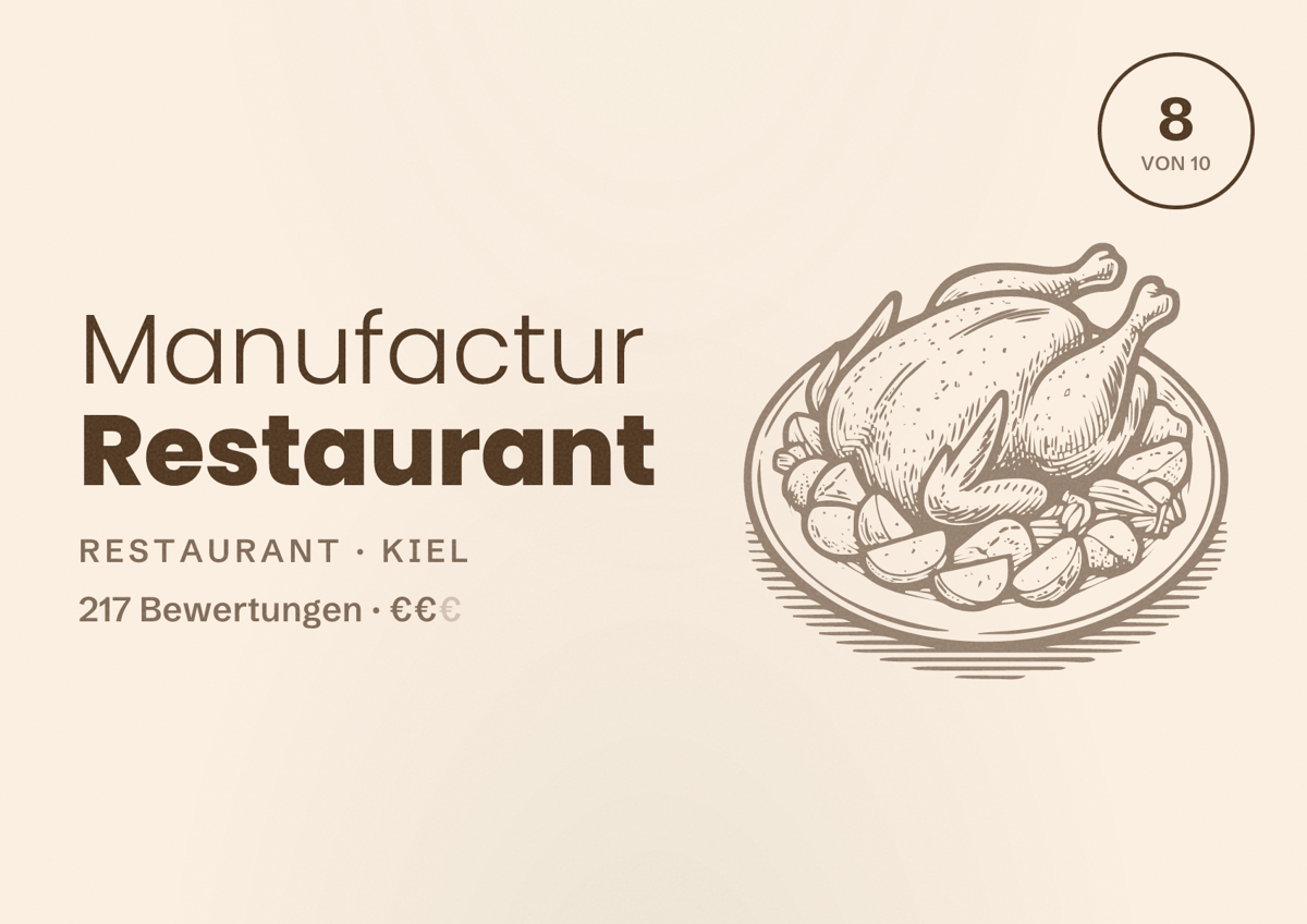 Illustriertes Poster von Manufactur Restaurant, Restaurant in Kiel: Bewertung 8 von 10 aus 217 Bewertungen, Preisniveau €€