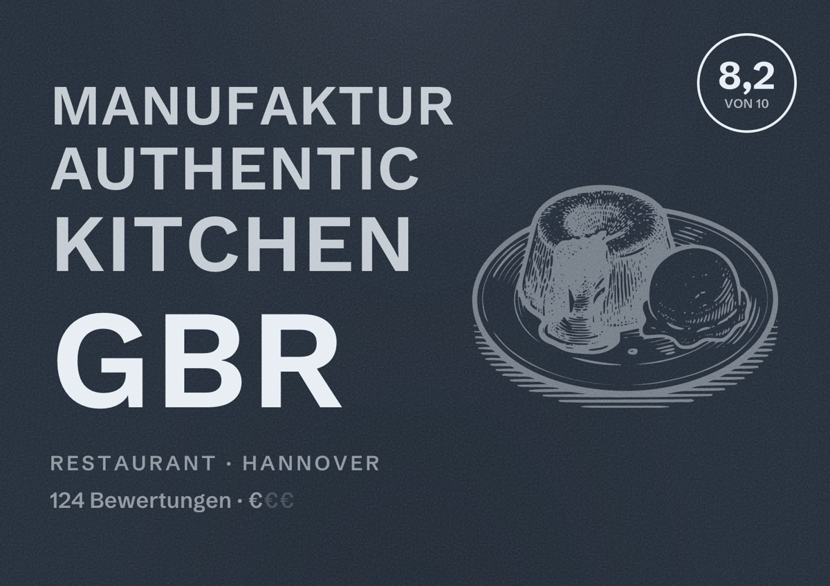 Illustriertes Poster von Manufaktur Authentic Kitchen Gbr, Restaurant in Hannover: Bewertung 8,2 von 10 aus 124 Bewertungen, Preisniveau €