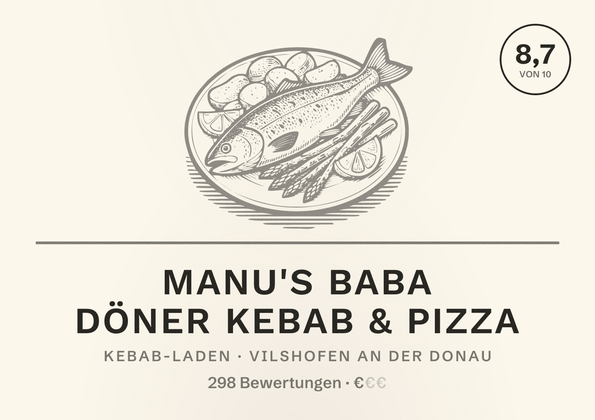 Illustriertes Poster von Manu's Baba Döner Kebab & Pizza, Kebab-Laden in Vilshofen an der Donau: Bewertung 8,7 von 10 aus 298 Bewertungen, Preisniveau €
