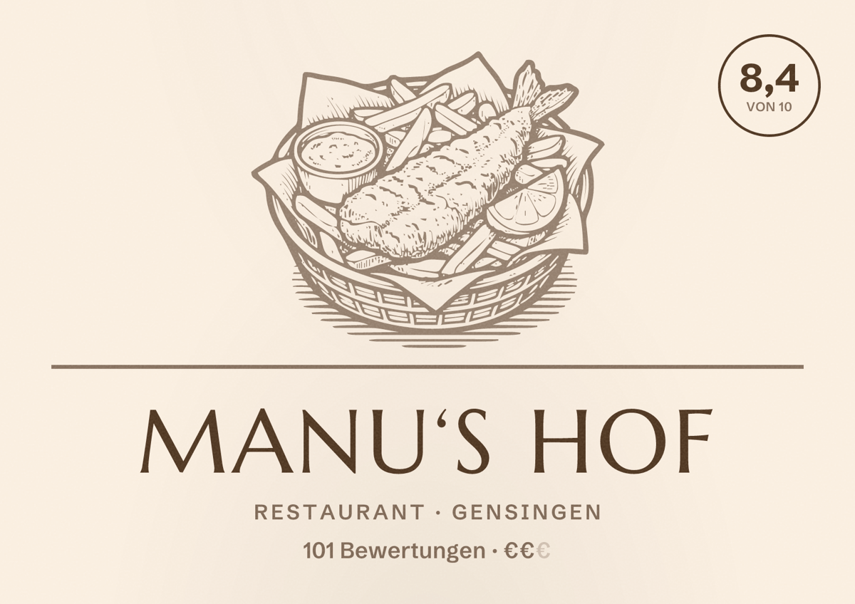 Illustriertes Poster von Manu‘s Hof, Restaurant in Gensingen: Bewertung 8,4 von 10 aus 101 Bewertungen, Preisniveau €€