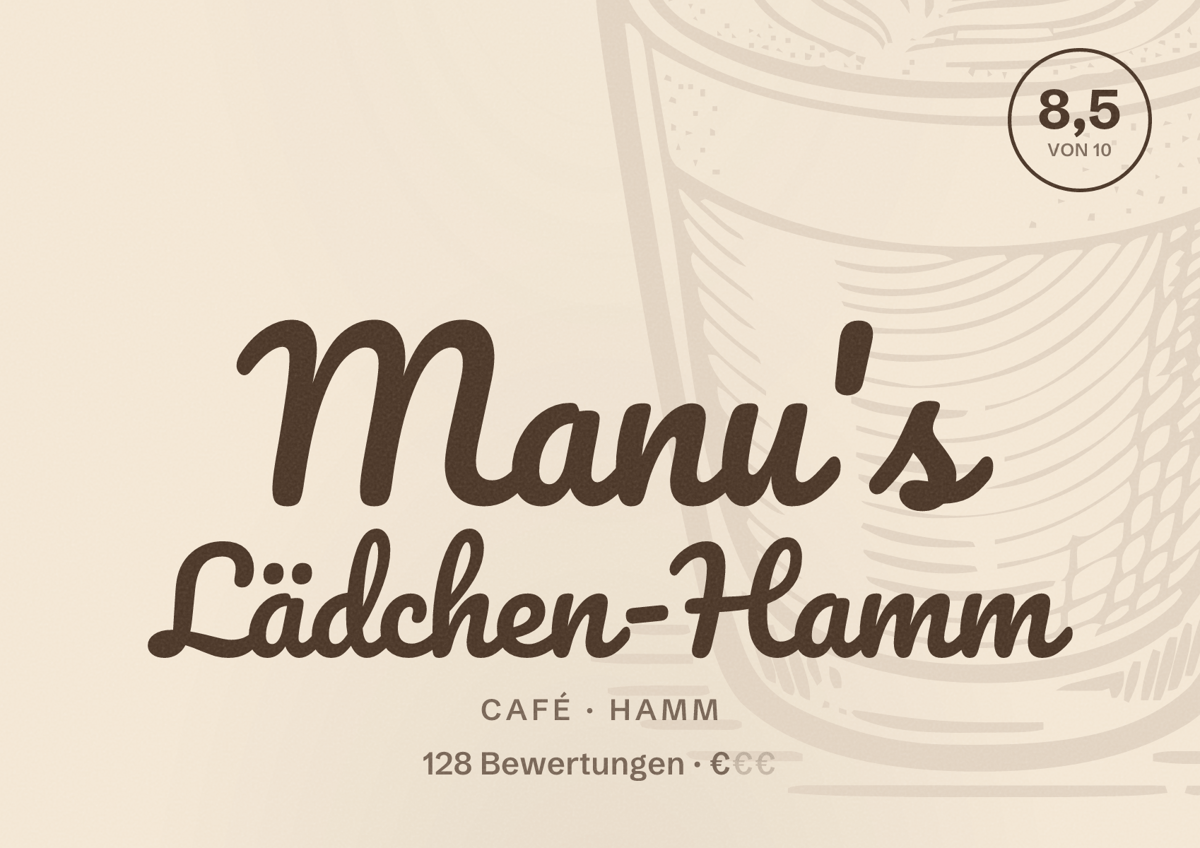 Illustriertes Poster von Manu's Lädchen-Hamm, Café in Hamm: Bewertung 8,5 von 10 aus 128 Bewertungen, Preisniveau €