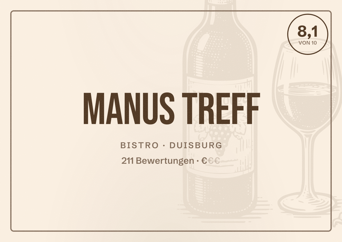 Illustriertes Poster von Manus Treff, Bistro in Duisburg: Gästebewertung 8,1 von 10 aus 211 Bewertungen