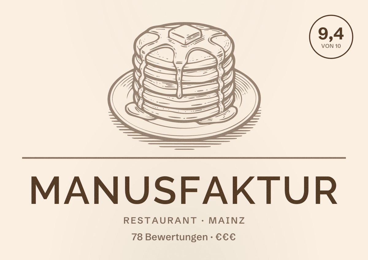Illustriertes Poster von Manusfaktur, Restaurant in Mainz: Bewertung 9,4 von 10 aus 78 Bewertungen, Preisniveau €€€