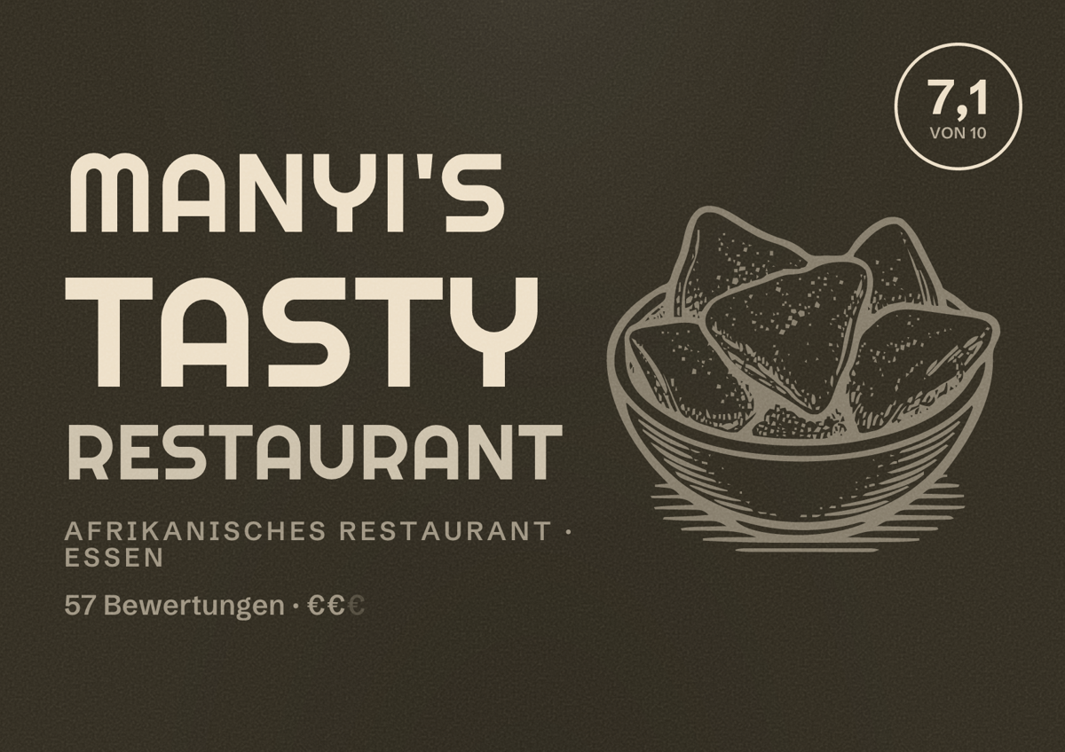 Illustriertes Poster von Manyi's Tasty Restaurant, Afrikanisches Restaurant in Essen: Bewertung 7,1 von 10 aus 57 Bewertungen, Preisniveau €€