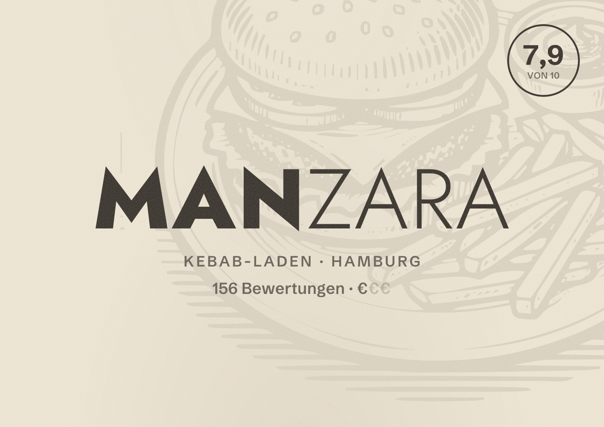 Illustriertes Poster von Manzara, Kebab-Laden in Hamburg: Bewertung 7,9 von 10 aus 156 Bewertungen, Preisniveau €