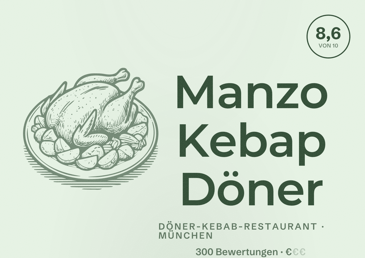 Illustriertes Poster von Manzo Kebap Döner, Döner-Kebab-Restaurant in München: Bewertung 8,6 von 10 aus 300 Bewertungen, Preisniveau €