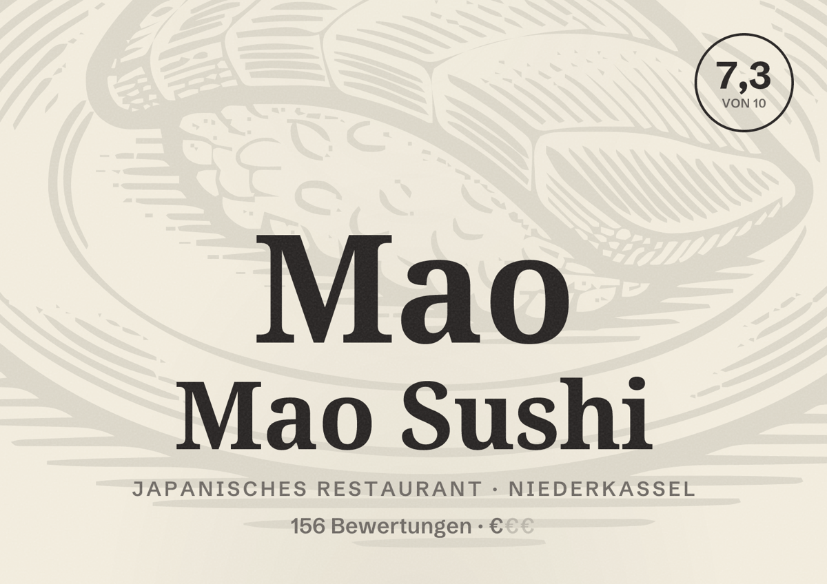 Illustriertes Poster von Mao Mao Sushi, Japanisches Restaurant in Niederkassel: Bewertung 7,3 von 10 aus 156 Bewertungen, Preisniveau €
