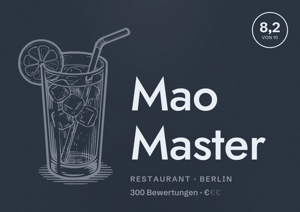 Illustriertes Poster von Mao Master, Restaurant in Berlin: Bewertung 8,2 von 10 aus 300 Bewertungen, Preisniveau €