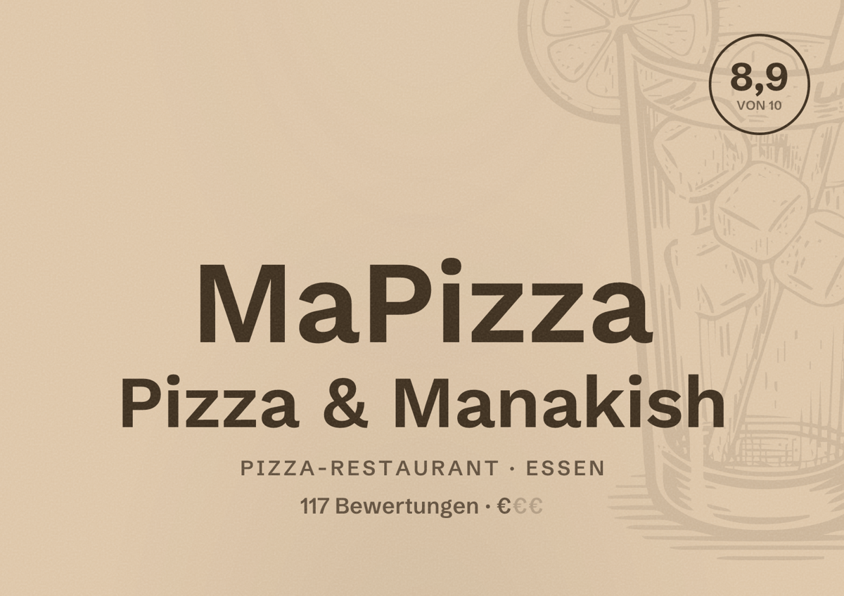Illustriertes Poster von MaPizza Pizza & Manakish, Pizza-Restaurant in Essen: Bewertung 8,9 von 10 aus 117 Bewertungen, Preisniveau €