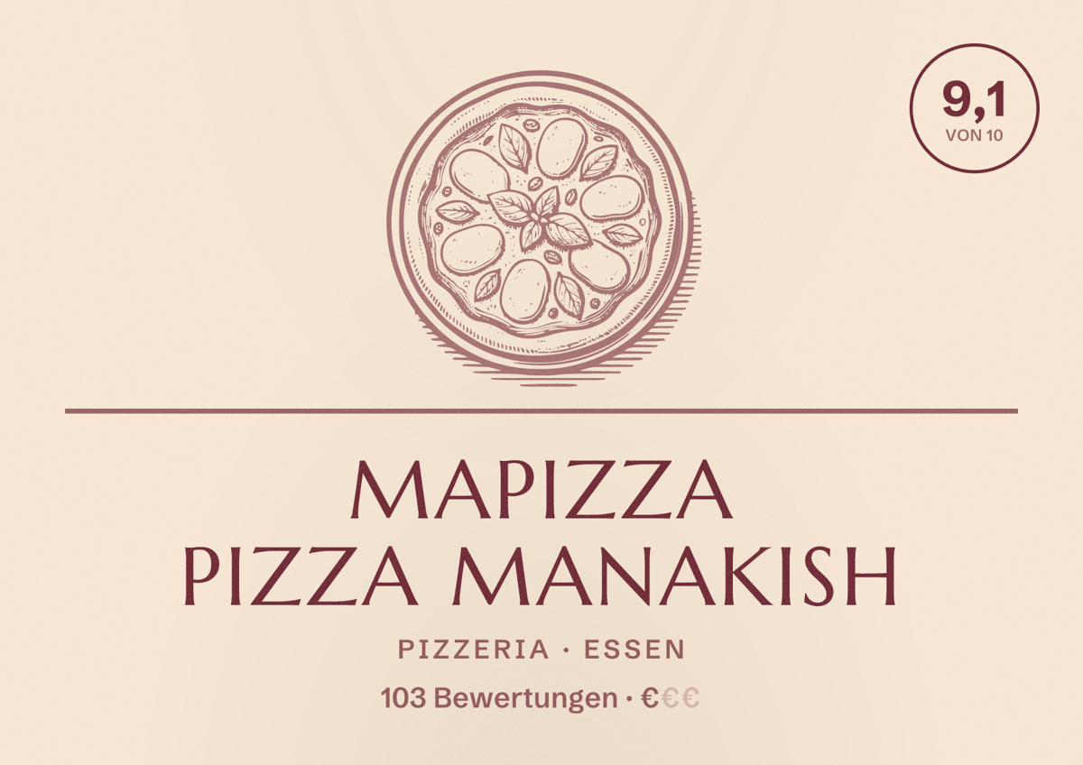 Illustriertes Poster von MaPizza Pizza Manakish, Pizzeria in Essen: Bewertung 9,1 von 10 aus 103 Bewertungen, Preisniveau €