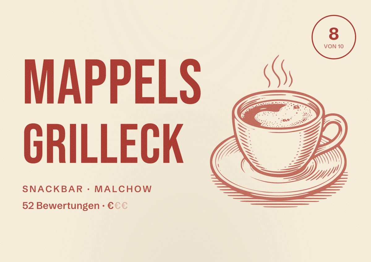 Illustriertes Poster von Mappels Grilleck, Snackbar in Malchow: Bewertung 8 von 10 aus 52 Bewertungen, Preisniveau €
