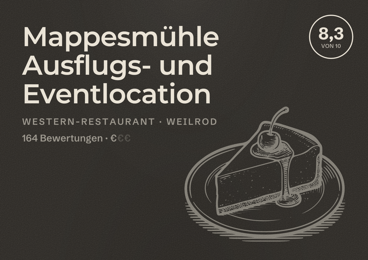 Illustriertes Poster von Mappesmühle Ausflugs- und Eventlocation, Western-Restaurant in Weilrod: Bewertung 8,3 von 10 aus 164 Bewertungen, Preisniveau €