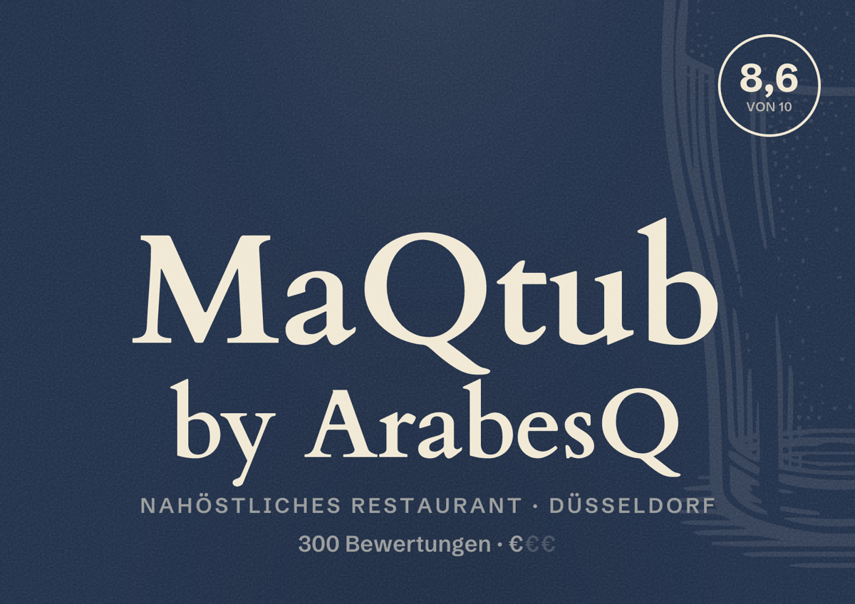 Illustriertes Poster von MaQtub by ArabesQ, Nahöstliches Restaurant in Düsseldorf: Bewertung 8,6 von 10 aus 300 Bewertungen, Preisniveau €