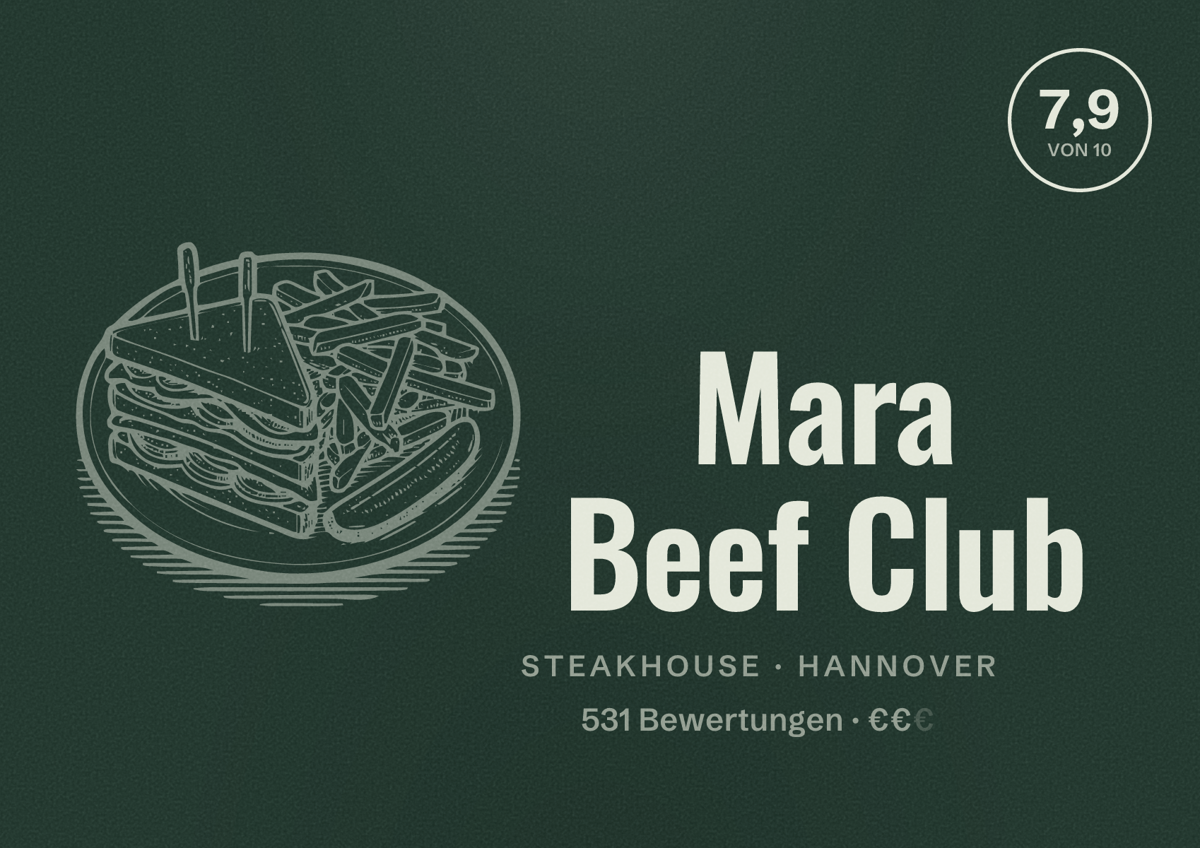 Illustriertes Poster von Mara Beef Club, Steakhouse in Hannover: Bewertung 7,9 von 10 aus 531 Bewertungen, Preisniveau €€