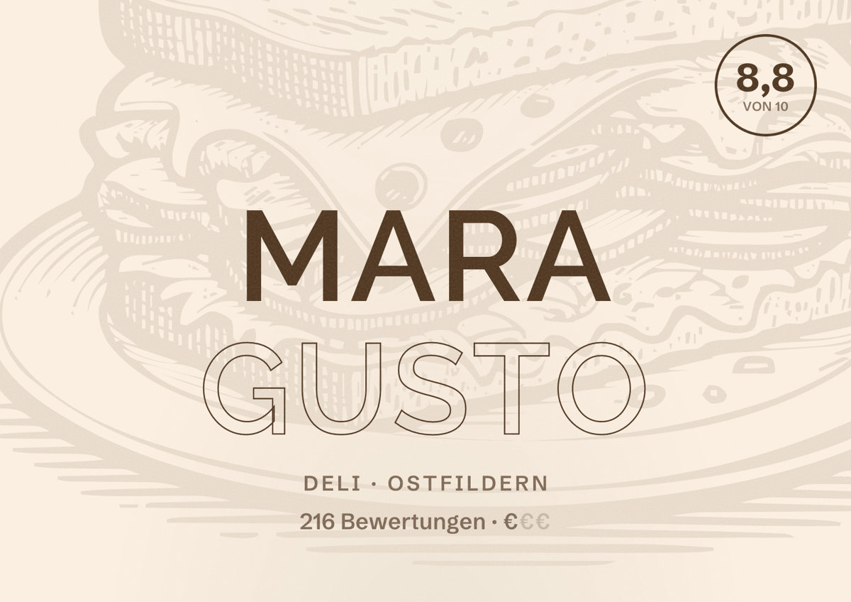 Illustriertes Poster von Mara Gusto, Deli in Ostfildern: Bewertung 8,8 von 10 aus 216 Bewertungen, Preisniveau €
