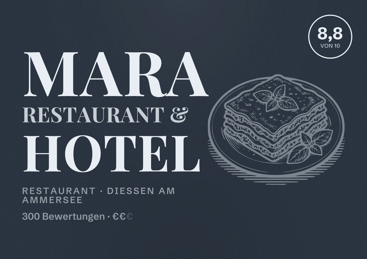 Illustriertes Poster von Mara Restaurant & Hotel, Restaurant in Dießen am Ammersee: Bewertung 8,8 von 10 aus 300 Bewertungen, Preisniveau €€