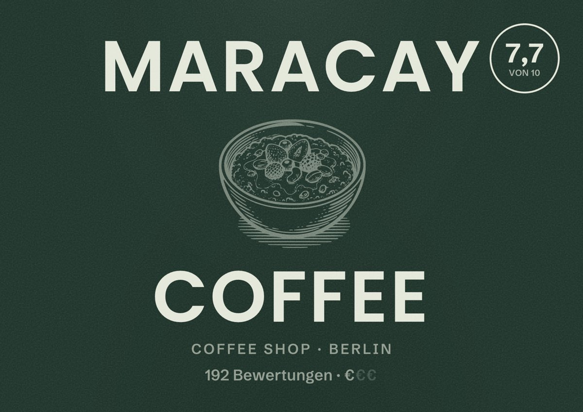 Illustriertes Poster von Maracay Coffee, Coffee Shop in Berlin: Bewertung 7,7 von 10 aus 192 Bewertungen, Preisniveau €