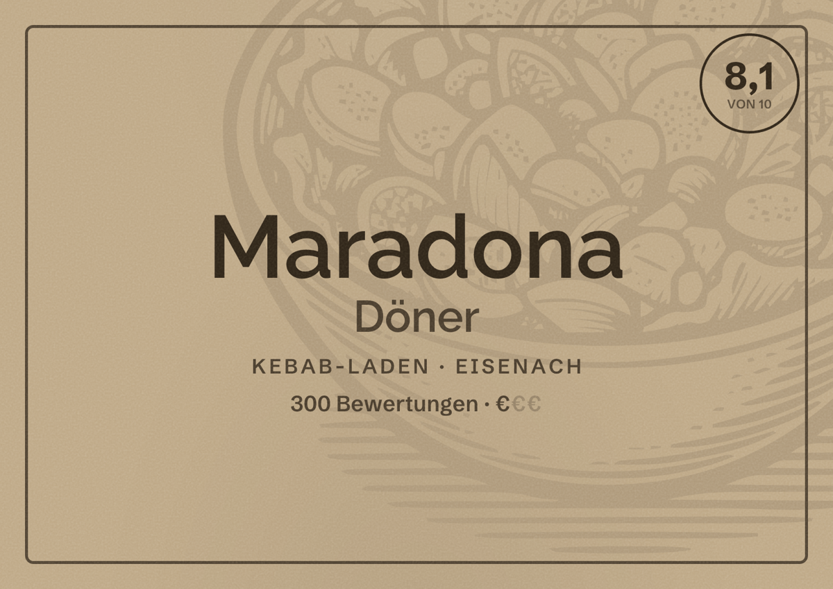 Illustriertes Poster von Maradona Döner, Kebab-Laden in Eisenach: Bewertung 8,1 von 10 aus 300 Bewertungen, Preisniveau €