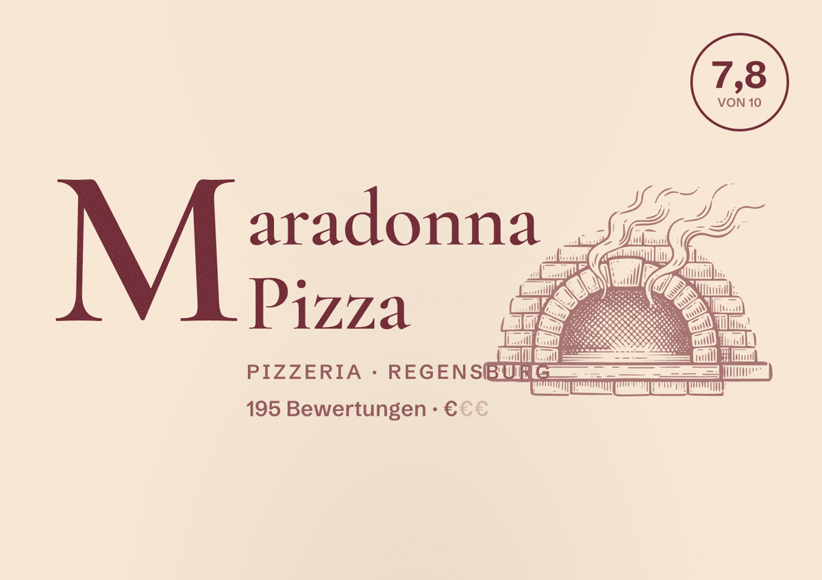 Illustriertes Poster von Maradonna Pizza, Pizzeria in Regensburg: Bewertung 7,8 von 10 aus 195 Bewertungen, Preisniveau €