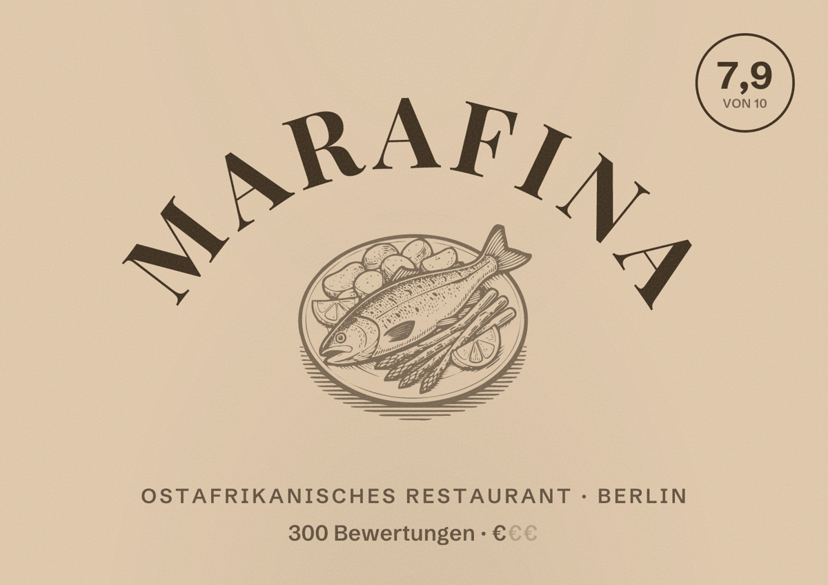 Illustriertes Poster von Marafina, Ostafrikanisches Restaurant in Berlin: Bewertung 7,9 von 10 aus 300 Bewertungen, Preisniveau €