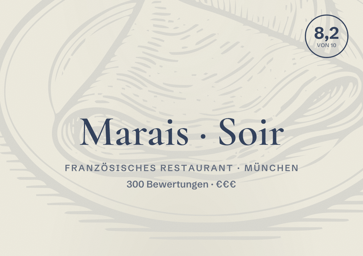 Illustriertes Poster von Marais Soir, Französisches Restaurant in München: Bewertung 8,2 von 10 aus 300 Bewertungen, Preisniveau €€€