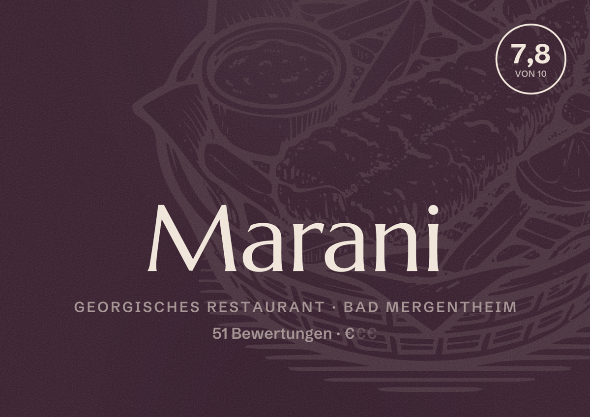 Illustriertes Poster von Marani, Georgisches Restaurant in Bad Mergentheim: Bewertung 7,8 von 10 aus 51 Bewertungen, Preisniveau €