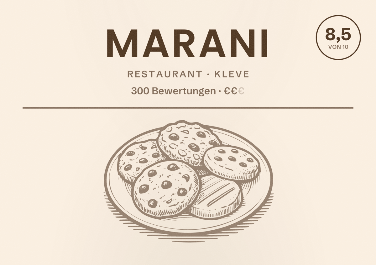 Illustriertes Poster von MARANI, Restaurant in Kleve: Bewertung 8,5 von 10 aus 300 Bewertungen, Preisniveau €€