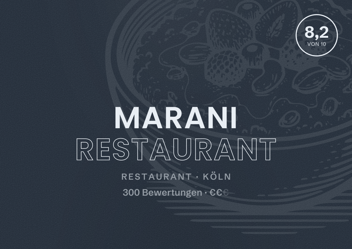 Illustriertes Poster von Marani Restaurant, Restaurant in Köln: Bewertung 8,2 von 10 aus 300 Bewertungen, Preisniveau €€