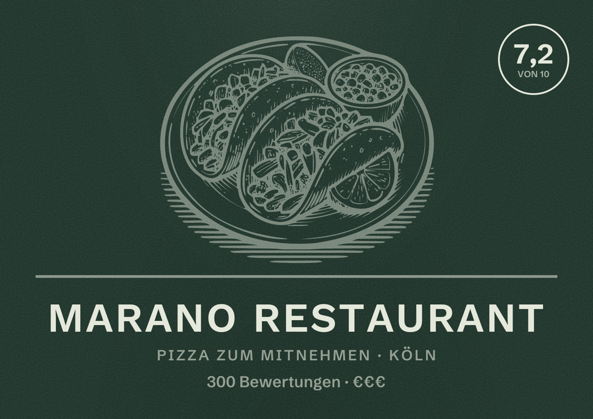 Illustriertes Poster von Marano Restaurant, Pizza zum Mitnehmen in Köln: Bewertung 7,2 von 10 aus 300 Bewertungen, Preisniveau €€€