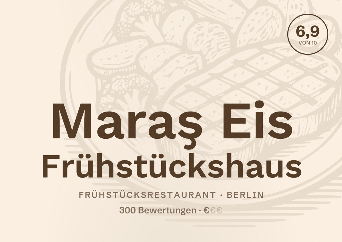 Illustriertes Poster von Maraş Eis Frühstückshaus, Frühstücksrestaurant in Berlin: Bewertung 6,9 von 10 aus 300 Bewertungen, Preisniveau €