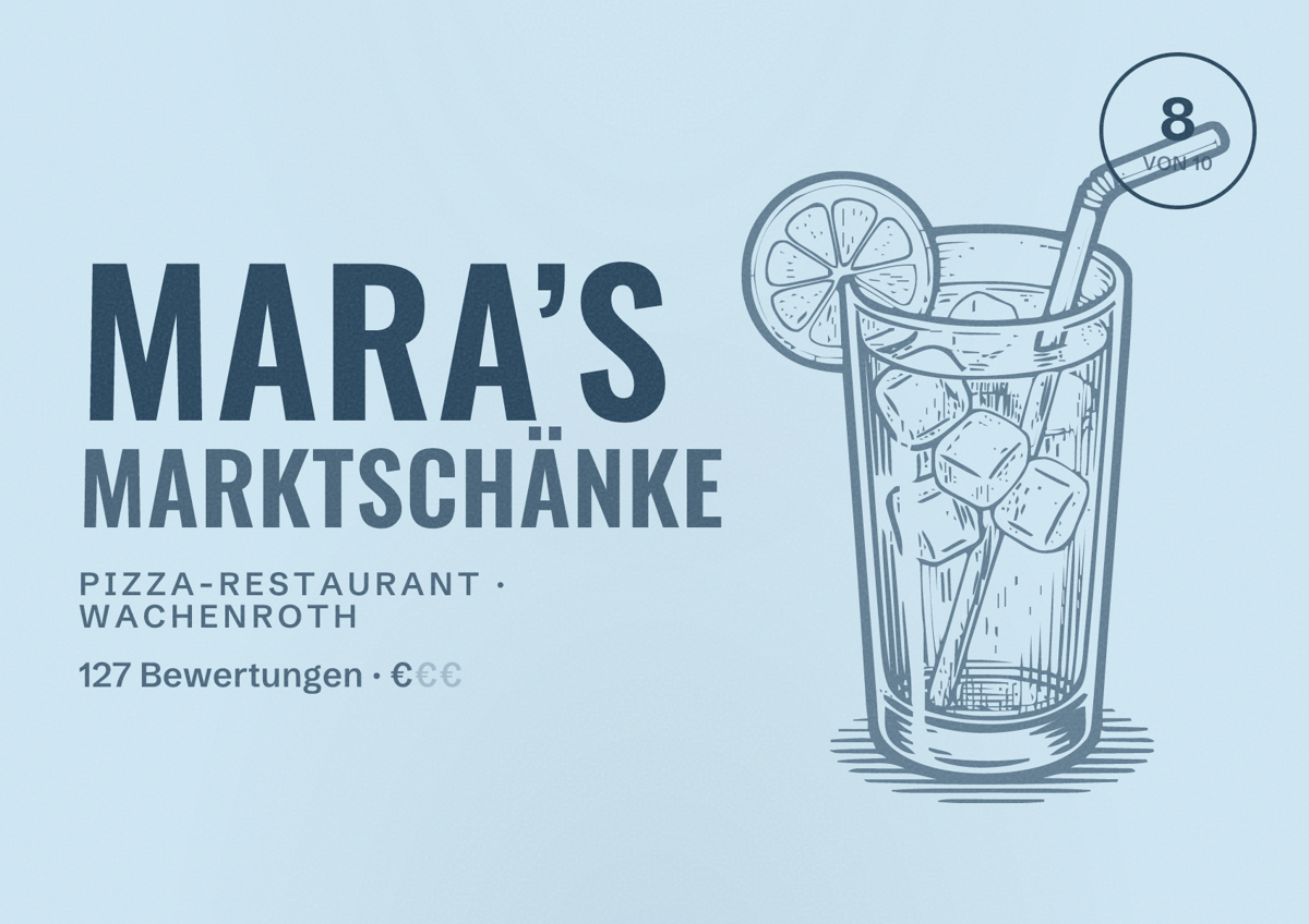 Illustriertes Poster von Mara’s Marktschänke, Pizza-Restaurant in Wachenroth: Bewertung 8 von 10 aus 127 Bewertungen, Preisniveau €