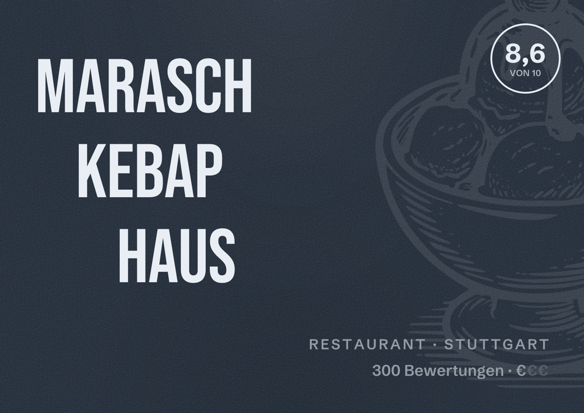 Illustriertes Poster von Marasch Kebap haus, Restaurant in Stuttgart: Bewertung 8,6 von 10 aus 300 Bewertungen, Preisniveau €