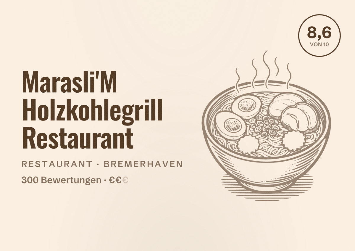 Illustriertes Poster von Marasli'M Holzkohlegrill Restaurant, Restaurant in Bremerhaven: Bewertung 8,6 von 10 aus 300 Bewertungen, Preisniveau €€
