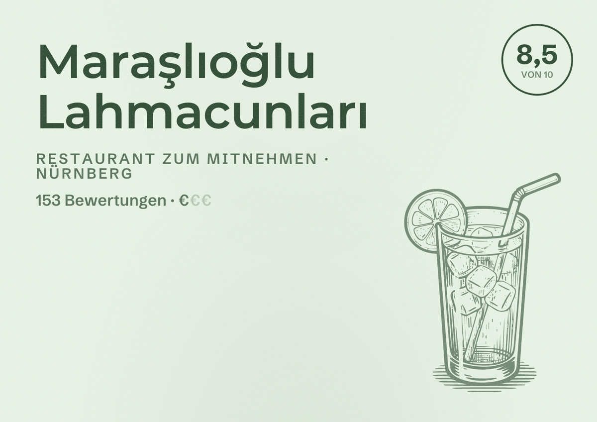 Illustriertes Poster von Maraşlıoğlu Lahmacunları, Restaurant zum Mitnehmen in Nürnberg: Bewertung 8,5 von 10 aus 153 Bewertungen, Preisniveau €